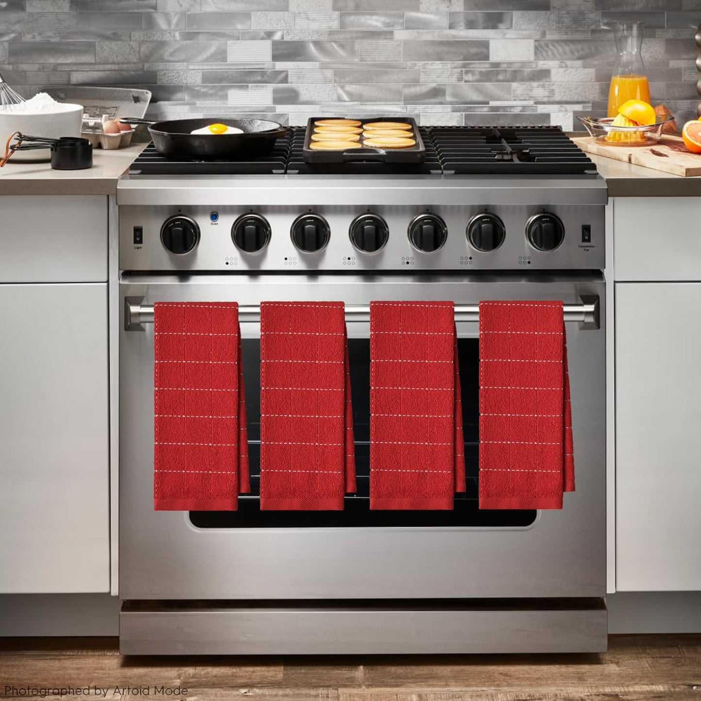 Artoid Mode Checkered Designed Cotton Red Terry Kitchen Dish Towels, 15x25 Inch Soft Absorbent Quick Drying Family Cleaning Tea Towels Set of 4