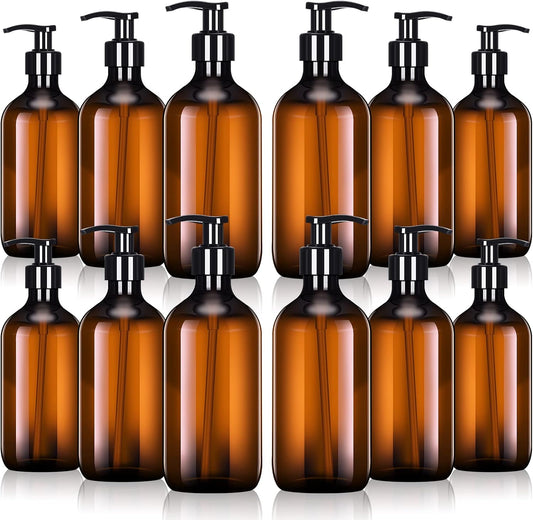 Tessco for you 12 Pack Amber Soap Dispenser Empty Plastic Pump Bottles Dispenser Refillable Shampoo for Hand Sanitizer Soap Cosmetic Lotion Body Wash Conditioner Bathroom Kitchen Travel (16.9 Oz)