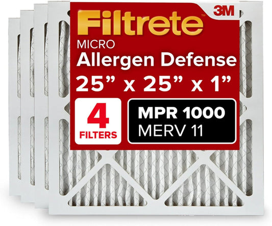 Filtrete 25x25x1 AC Furnace Air Filter, MERV 11, MPR 1000, Micro Allergen Defense, 3-Month Pleated 1-Inch Electrostatic Air Cleaning Filter, 4 Pack (Actual Size 4-Pack 24.688x24.688x0.813 in)