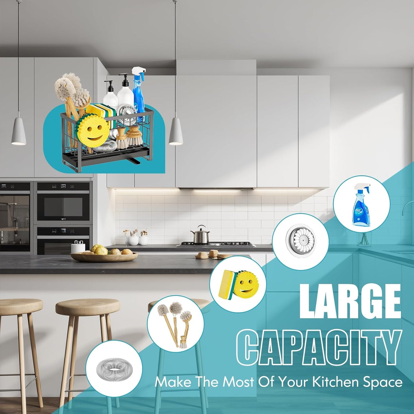 Sponge Holder for Kitchen Sink with Flexible Sink Caddy Smiley Face,2 Tier Kitchen Sponge Holder Countertop and Storage Essentials,Soap Dispenser Organize,Home Decor Accessories-Gray