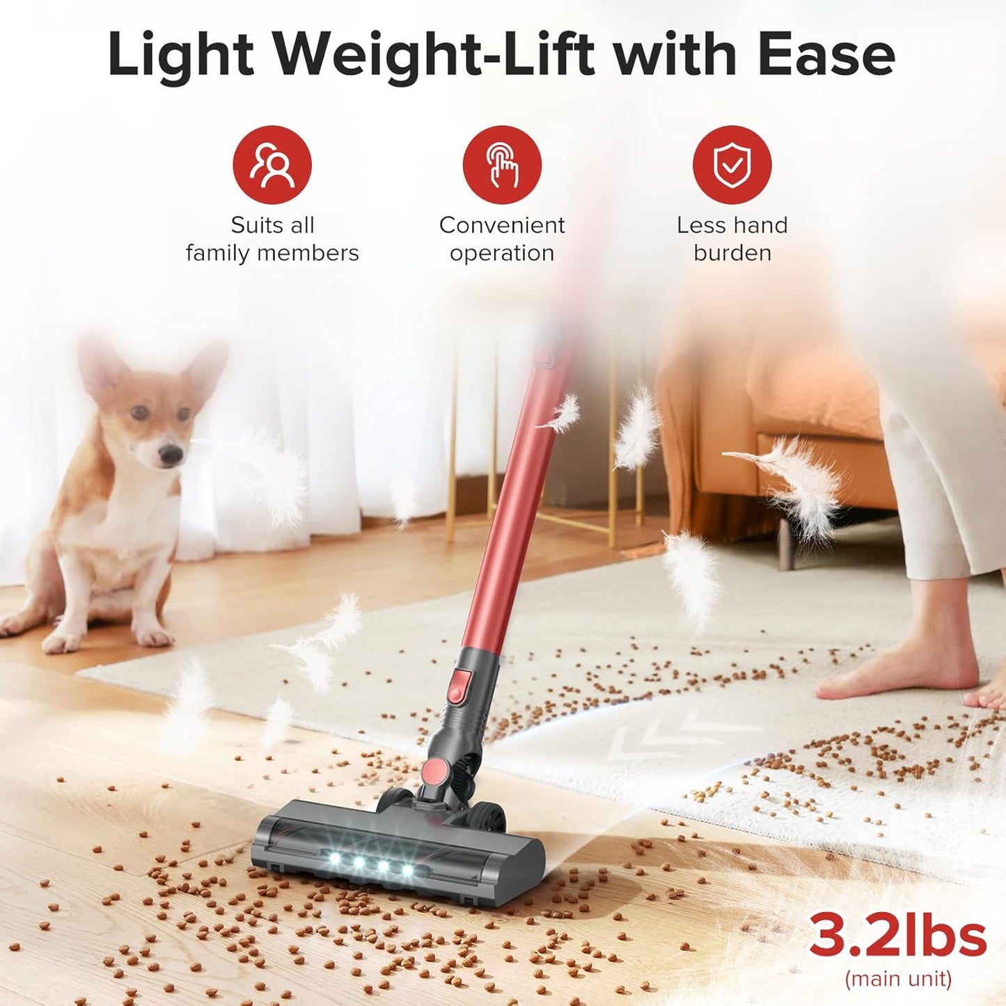 Cordless Vacuum Cleaner with Self-Standing, Powerful Stick Vacuum Cleaners for Home, 8-in-1 Lightweight Rechargeable Vacuum, 7-Layer Filtration,Ideal for Carpet, Pet Hair, Hardwood Floors