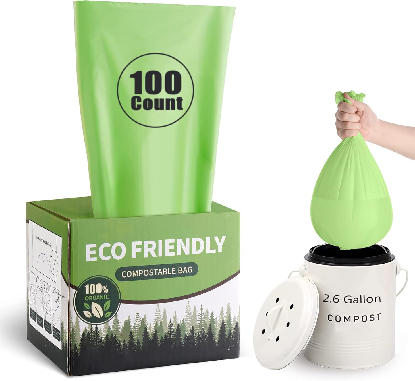 Compostable Trash Bags 2.6 Gallon 100 Counts Compost Small Garbage Bag for Kitchen Bathroom BPI Certified, Green