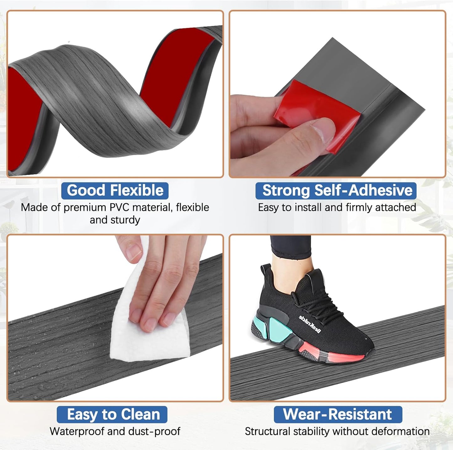 Vinyl Door Threshold Flooring Transition Strip Self Adhesive Carpet Edging Strip for Laminate Doorway Edge Threshold from 1/5" to 2/5" (Dark Gray Wood Grain, 10 Ft)
