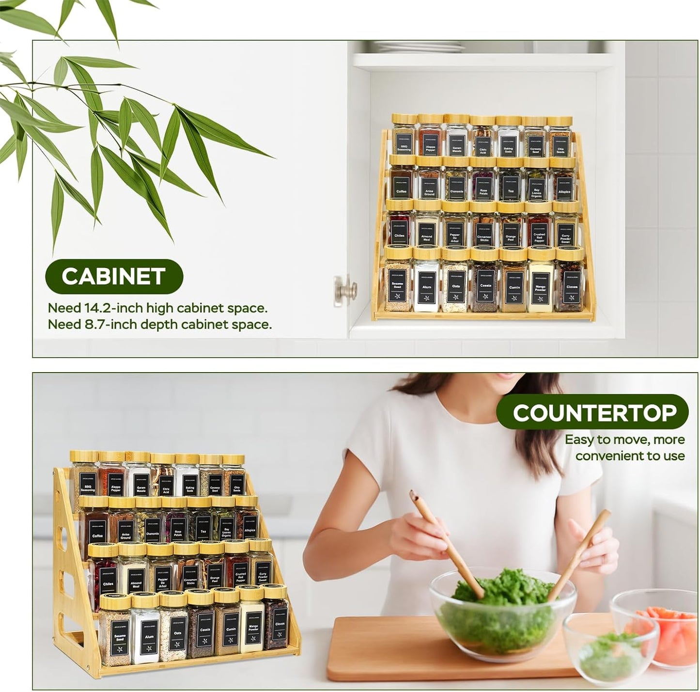 4 Tier Bamboo Spice Rack Organizer with 28 Spice Jars, 780 Labels, Wood Shelf, Chalk Marker and Funnel Set for Cabinet Kitchen Countertop, Empty 4 oz Glass Jars