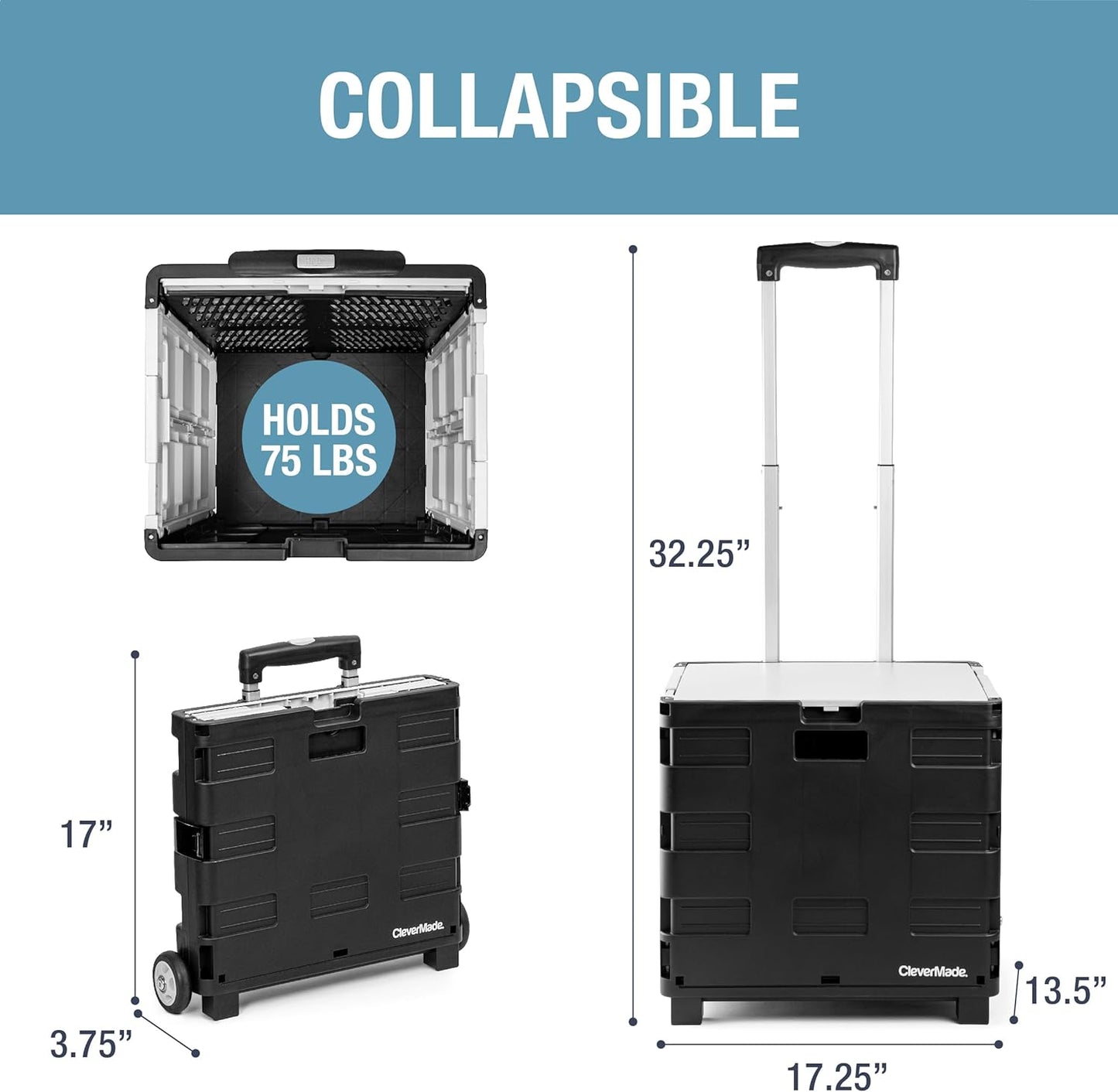 CleverMade Collapsible Wheeled Crate with Lid, 2-Wheels – Stable Rolling Crate with Handle and Large Wheels for Fragile Items, Heavy Loads and Easy Storage - 35L and 75lb Capacity, Black/Cream