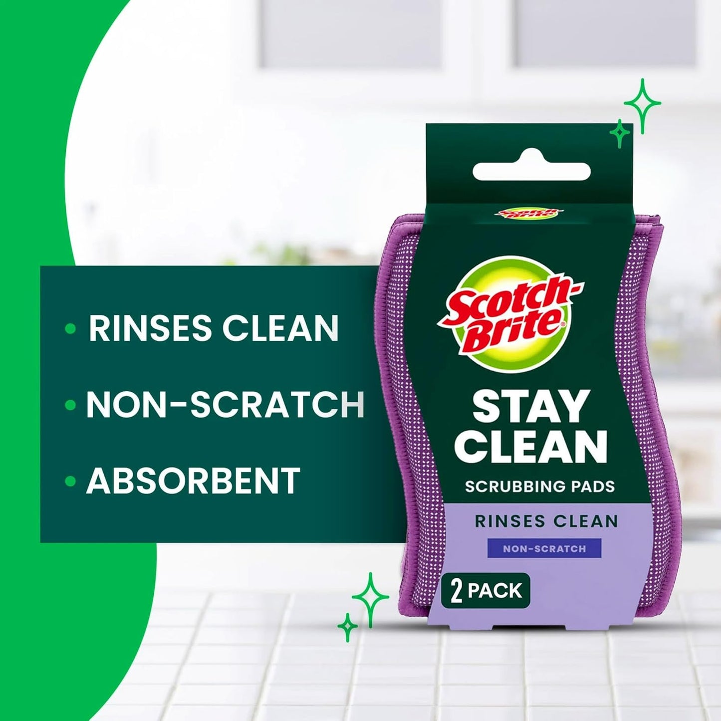 Scotch-Brite Stay Clean Scrubber Pads, Non-Scratch Dish Sponges for Kitchen Cleaning, 12 Count, Rinses Clean, Odor-Resistant, Safe on Non-Stick Cookware, Pots, Pans, and Glassware