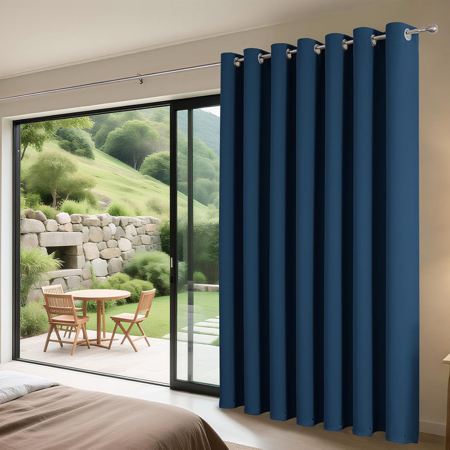 Joydeco Blackout Patio Sliding Door Curtains 96 Inches Long, Grommet Privacy Room Divider Curtains, Extra Wide Thermal Blackout Drapes for Bedroom Living Room (Navy Blue, 100Wx96L, 1 Panel)