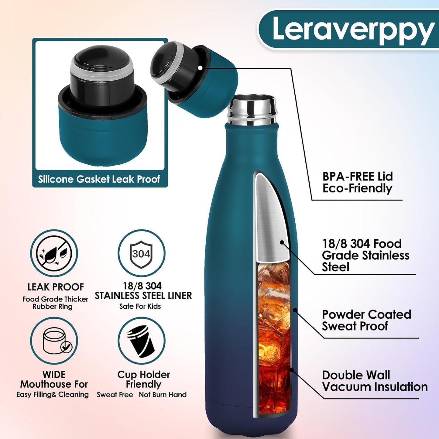 17oz Cola-Bottle Shaped Stainless Steel Leak-proof Water Bottle,Double Wall Vacuum Insulated Metal,Travel Mug For Sports Indoors & Outdoors,BPA-Free Kids Flasks,Dark Night(8 Pack)