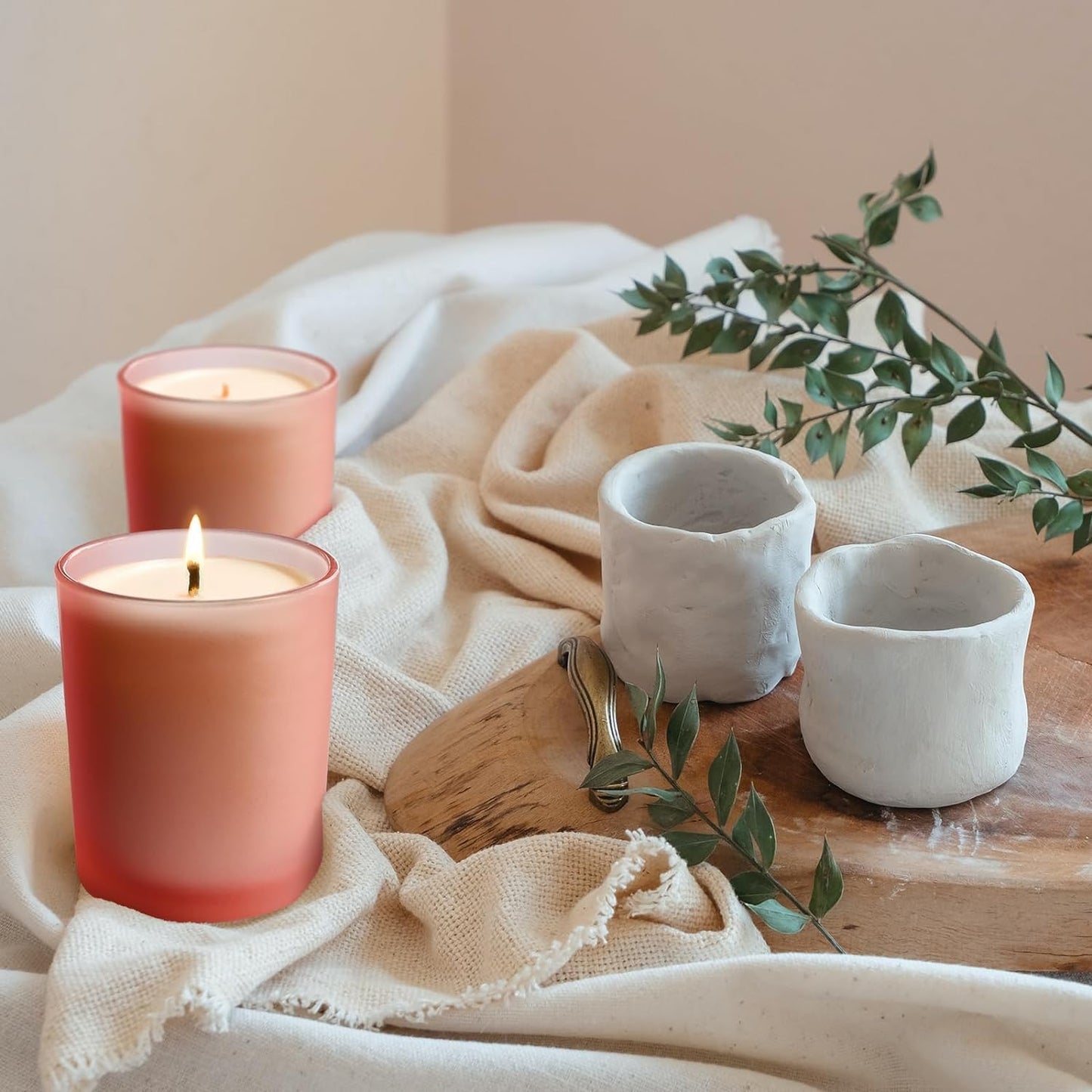 SHOWIN 14 OZ Thick Candle Jars for Making Candles 12 Pcs, 3 Wick Empty Jars with Wood Lids for Candle Making, Sample Container, Frosted Pink