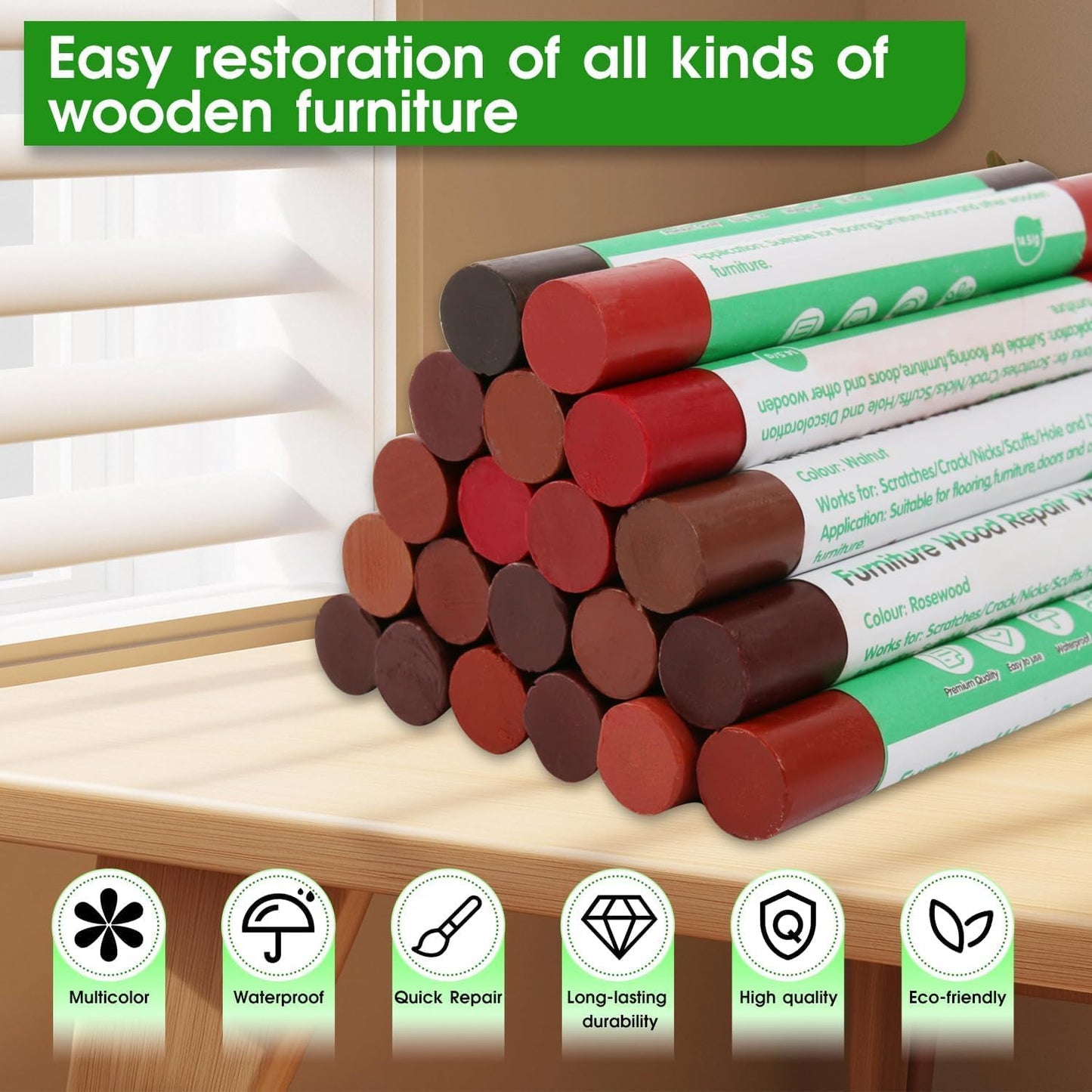 Furniture Markers Touch Up, 20 Colors Wood Filler Sticks, Wood Wax Crayons for Repairing Scratches, Scuffs, Cracks, Holes on Furniture, Floors, Cabinets, Tables, and Doors - Red Series