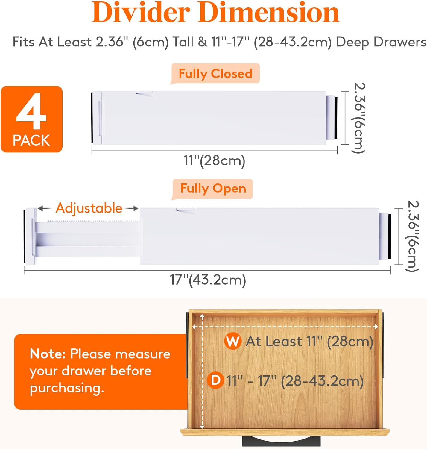 Lifewit 4 Pack Kitchen Drawer Dividers 2.36" High, 11"-17" Adjustable Drawer Organizer for Utensils/Clothes/Makeup, Plastic Expandable Separators in Dresser/Bedroom/Bathroom/Office Storage