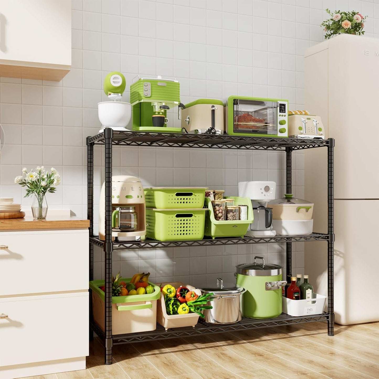 Storage Shelves, 2 PCS 48" L x 20" W x 47" H Heavy Duty Garage Wire Shelving Unit Loads 1200LBS, 3-Tier Adjustable Metal Industrial Utility Shelf Rack for Kitchen, Laundry Room, Basement