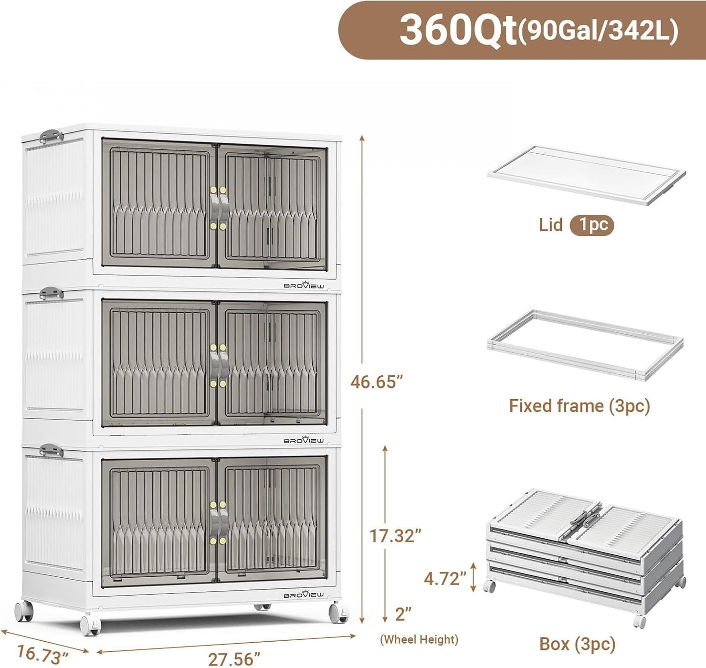 BROVIEW 360Qt Stackable Storage Bins with Lid, Extra Large Closet Organizer Collapsible Drawer Boxes with Wheels, Folding Plastic Cabinet Containers for Home Kitchen Room Organization, 3Pack White