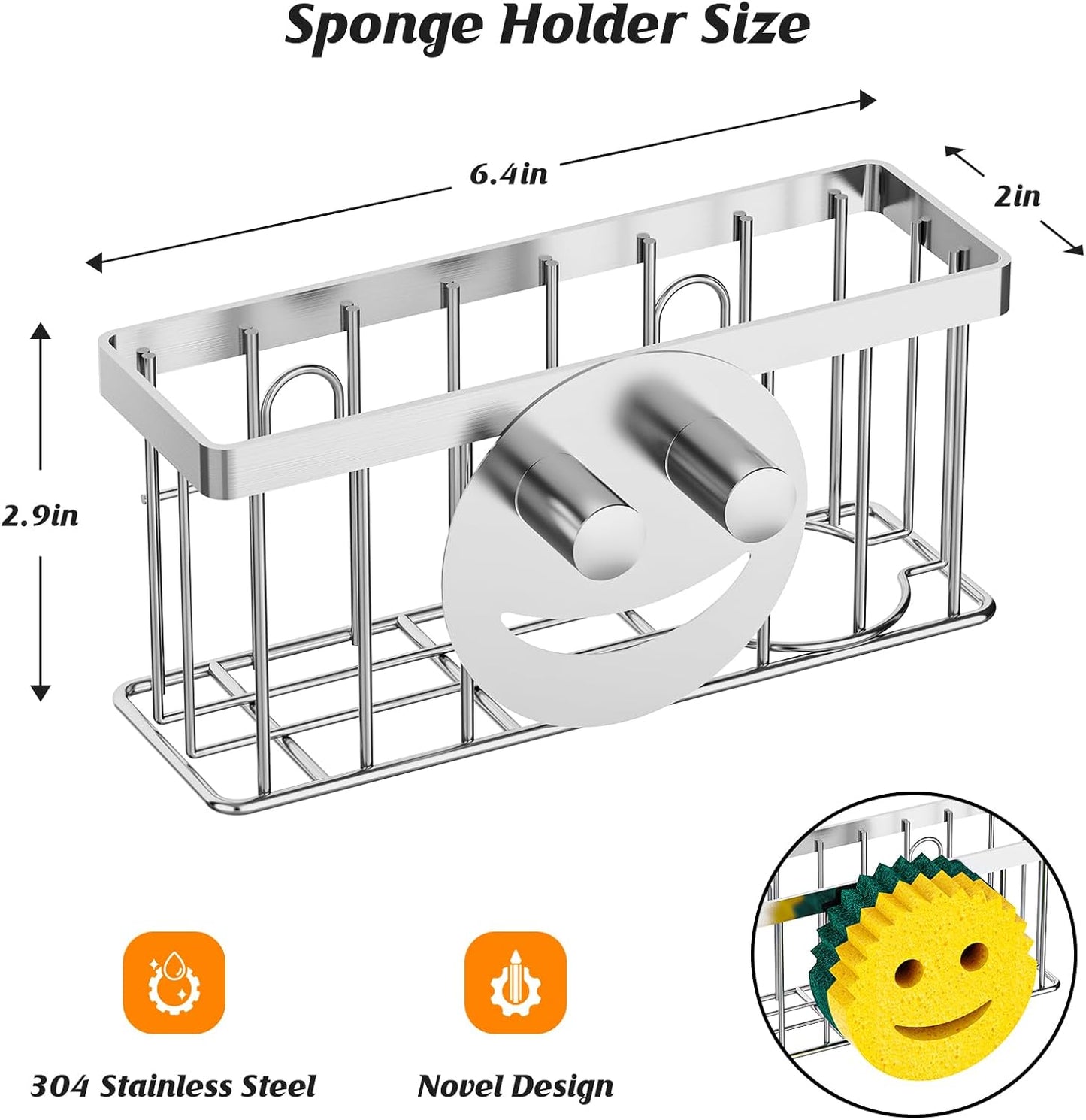 Sponge Holder Smiley Face,Sink Caddy for Kitchen Sink,Sponge Holder with 2 PCS Suction Cups/1 PCS Adhesive Strips,Designed for Sponge,Soap,Dish Brush,Scrubber-Silver