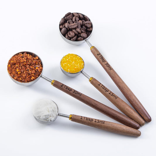 4PCS Wood Scoops for Jars Wooden Scoops for Canisters 2Tbsp + 1Tbsp Measuring Spoons for Coffee Bean Powder Coffee Scoop Measuring Scoop for Salt Sugar Multipurpose-Black Walnut+304 Stainless Steel