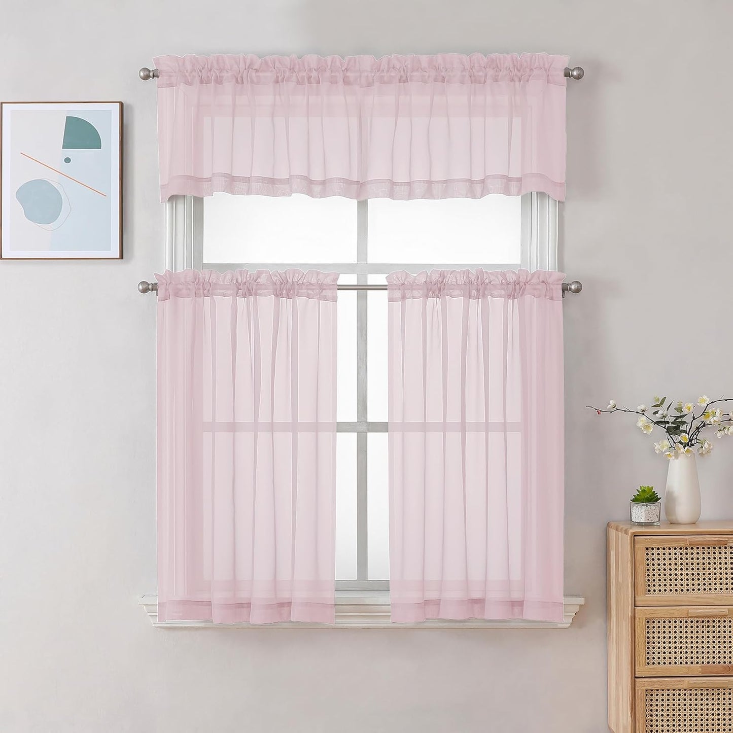 Chyhomenyc Sheer Curtains 36 inch Length 2 Panels, Light Filtering Voile Rod Pocket Short Window Sheer Curtians for Bathroom Living Room, 2PCS, Blush Pink