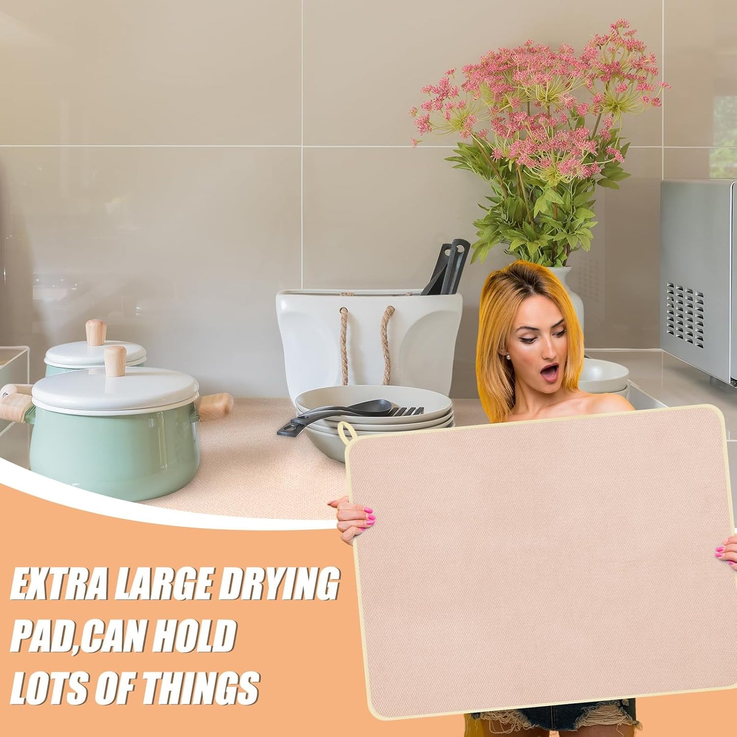 Hushee 2 Pack Extra Large Dish Drying Mat Microfiber Absorbent Dish Drying Pad Large Size Dishes Drainer Mats for Countertop, Sink, Refrigerator or Dryer (30 x 24 Inch,Beige)