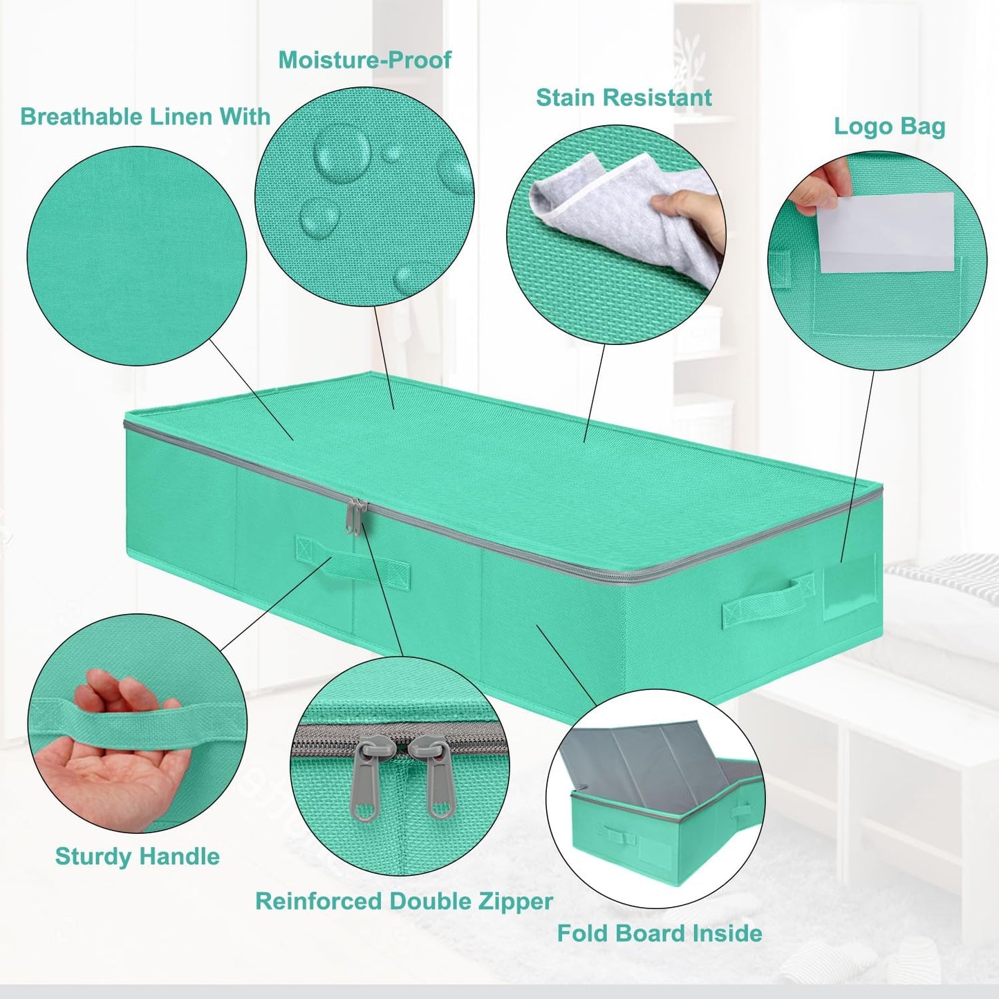 punemi 2-Pack Under Bed Storage Containers, 6.7 Inches Tall Underbed Clothes Storage Organizer Bin with Sturdy Sidewalls/Bottom, Underbed Storage Bins 2 Storage Thin Bins with Handles, Teal Blue