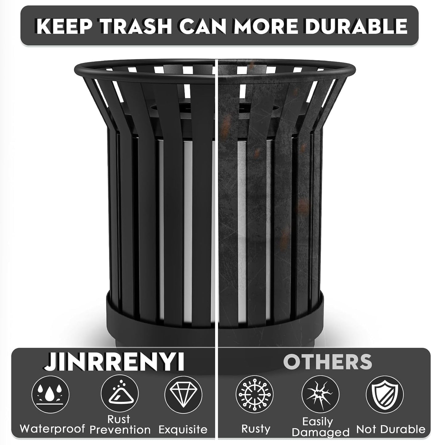 Round Heavy Duty Outdoor Trash Can, Large Metal Slatted Garbage Can for All Weather Resistant, Commercial Garbage Cans, Waste Receptacle in Park, Beach, Patio (Black, Large)