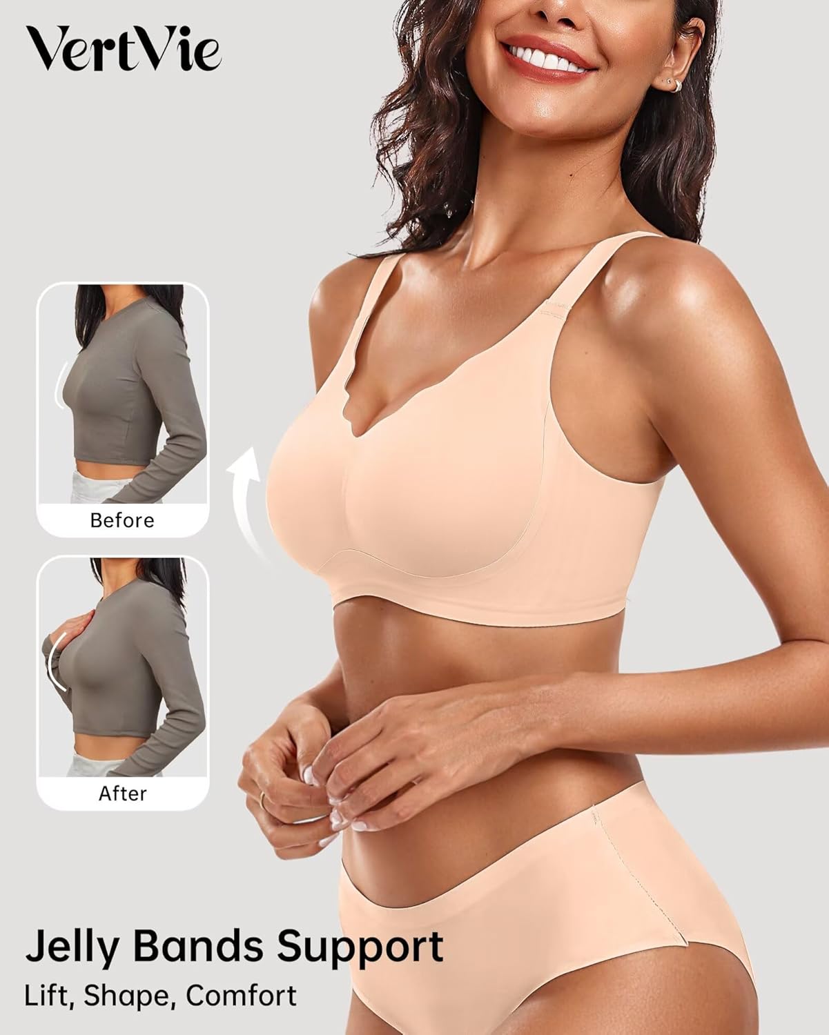 Vertvie Womens Seamless Bras No Underwire Supportive Wireless Push Up Full Coverage Bralette Comfort Scalloped T-Shirt Bra
