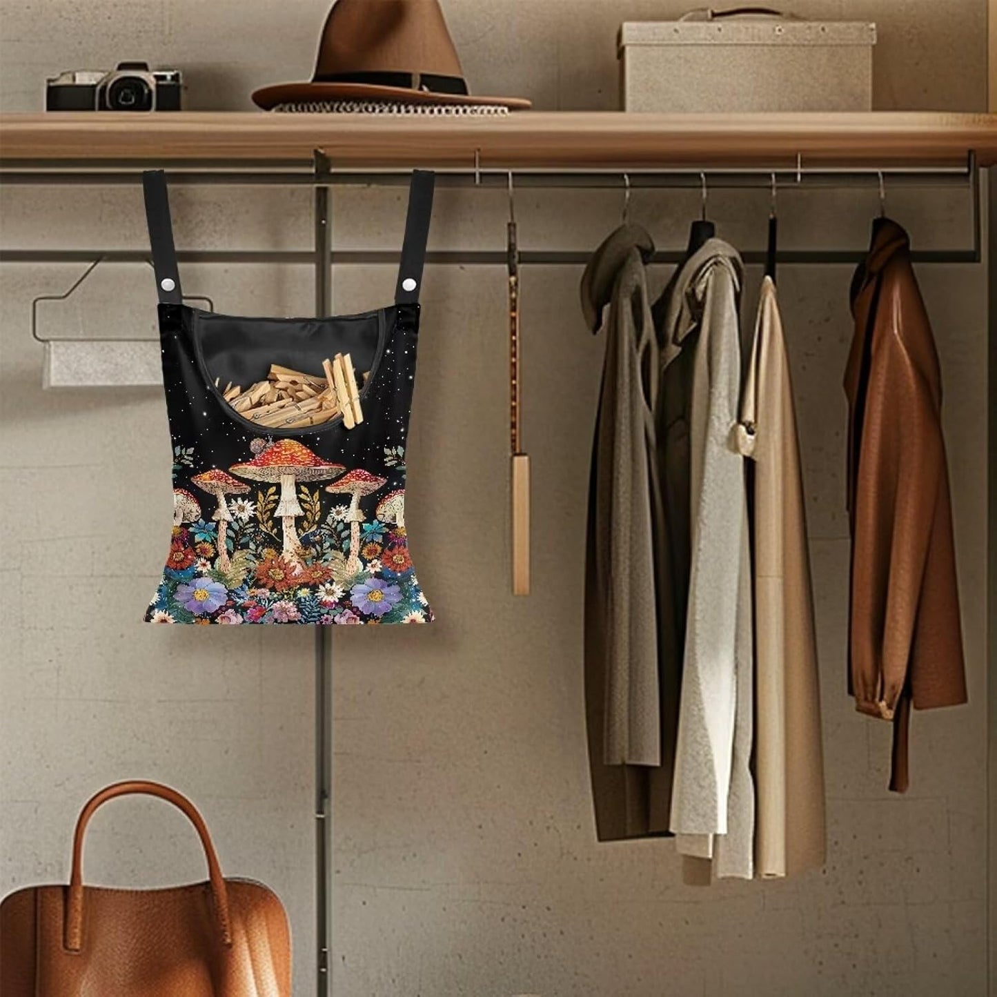 Mushroom Clothespin Storage Hanger Bags Laundry Clothespin Bag, Clothespin Bag with a Large Opening, Hanging Storage Organizer with Hanging Rope for Home Outdoor
