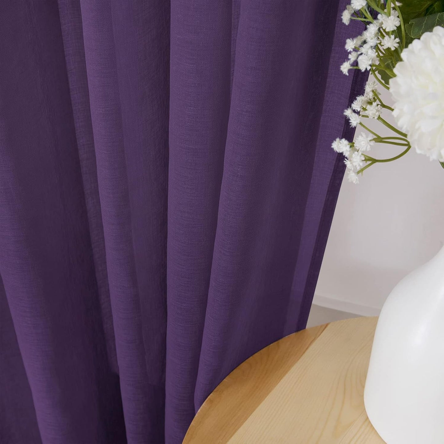 Tollpiz Sheer Curtains Bedroom Linen Textured Curtain Sheers Light Filtering Voile Rod Pocket Curtains for Living Room, 38 x 84 inches Long, Royal Purple, Set of 2 Panels