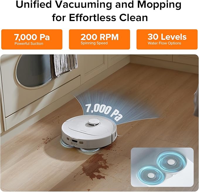 roborock Qrevo Plus Robot Vacuum and Mop with FlexiArm Design Edge Mopping, Self-Emptying, 10 mm Liftable Mops, Auto Mop Washing & Drying, Reactive Tech Obstacle Avoidance, 7,000 Pa Suction, White