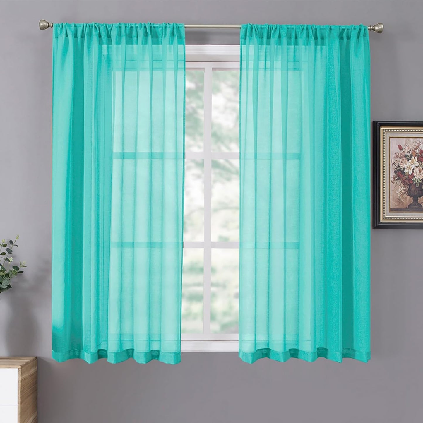 Tollpiz Short Sheer Curtains Living Room Linen Textured Curtain Sheers Light Filtering Voile Rod Pocket Curtains for Bedroom, 38 x 45 inches Long, Aqua Blue, Set of 2 Panels