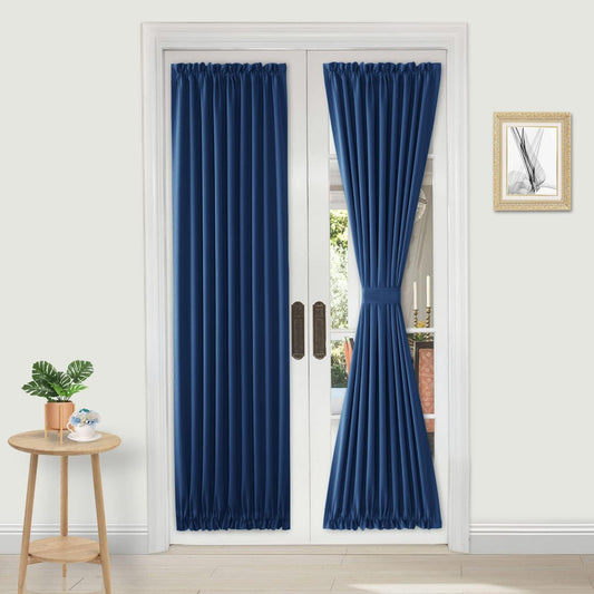 DWCN French Door Curtains – Rod Pocket Thermal Blackout Curtain for Doors with Glass Window, Kitchen and Patio Doors for Privacy, 23 X 72 Inches Long, 1 Curtain Panel with Tieback, Classic Blue