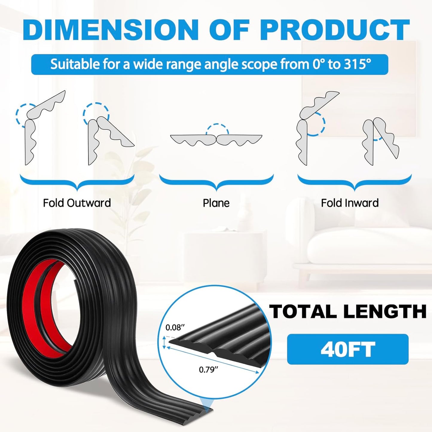 Wall Corner Protector Peel and Stick Corner Trim Molding Flexible Inside & Outside Wall Edge Guard Self Adhesive Moulding Trim for Edge Use, Black, 0.8” W x 40’ L