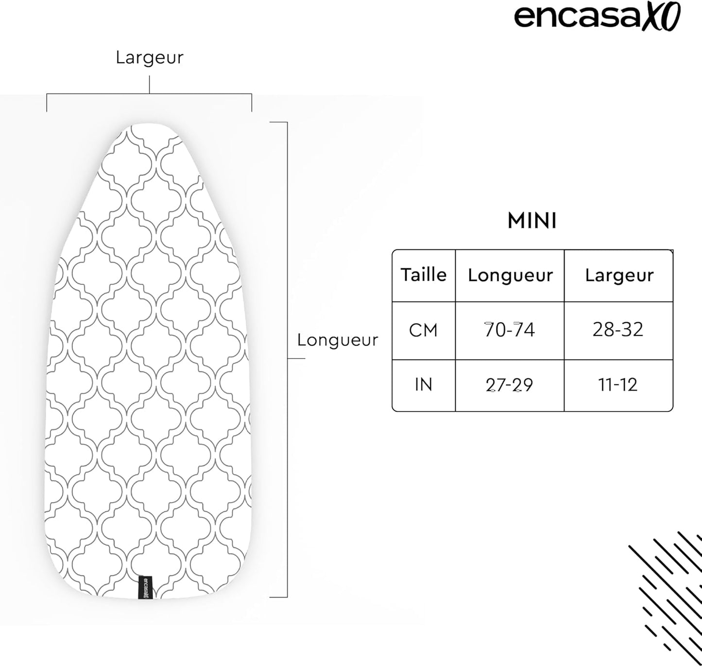 Encasa XO Ironing Board Cover and Pad 28"x12" - Thick 3mm Felt Padding, Drawstring Tightening & Lock, Easy Fit, Scorch & Stain Resistant, Fits Mini Ironing Board - Black Arrow