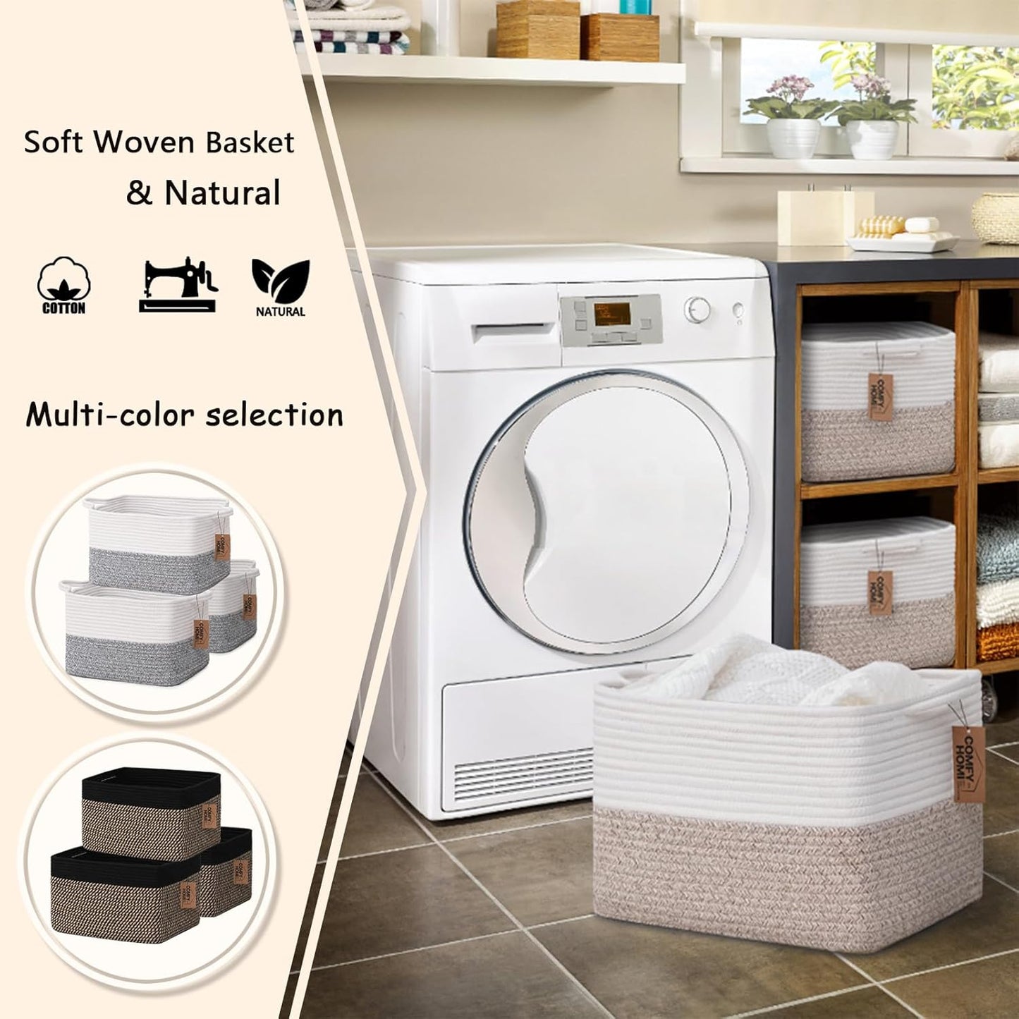 COMFY-HOMI 3-Pack Cotton Rope Woven Basket with Handles for Shelves, Books, Toys, Cloth Storage|Towel Storage|Nursery Baby Basket - 13.5" x 11" x 9.5" for Living Room (White/Brown)