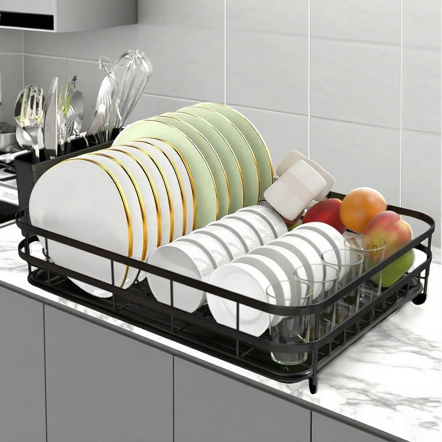 Dish Drying Rack Stainless Steel Drying Racks for Kitchen Counter Large Capacity Storage Racks with Drainboard Curlery Holder Black