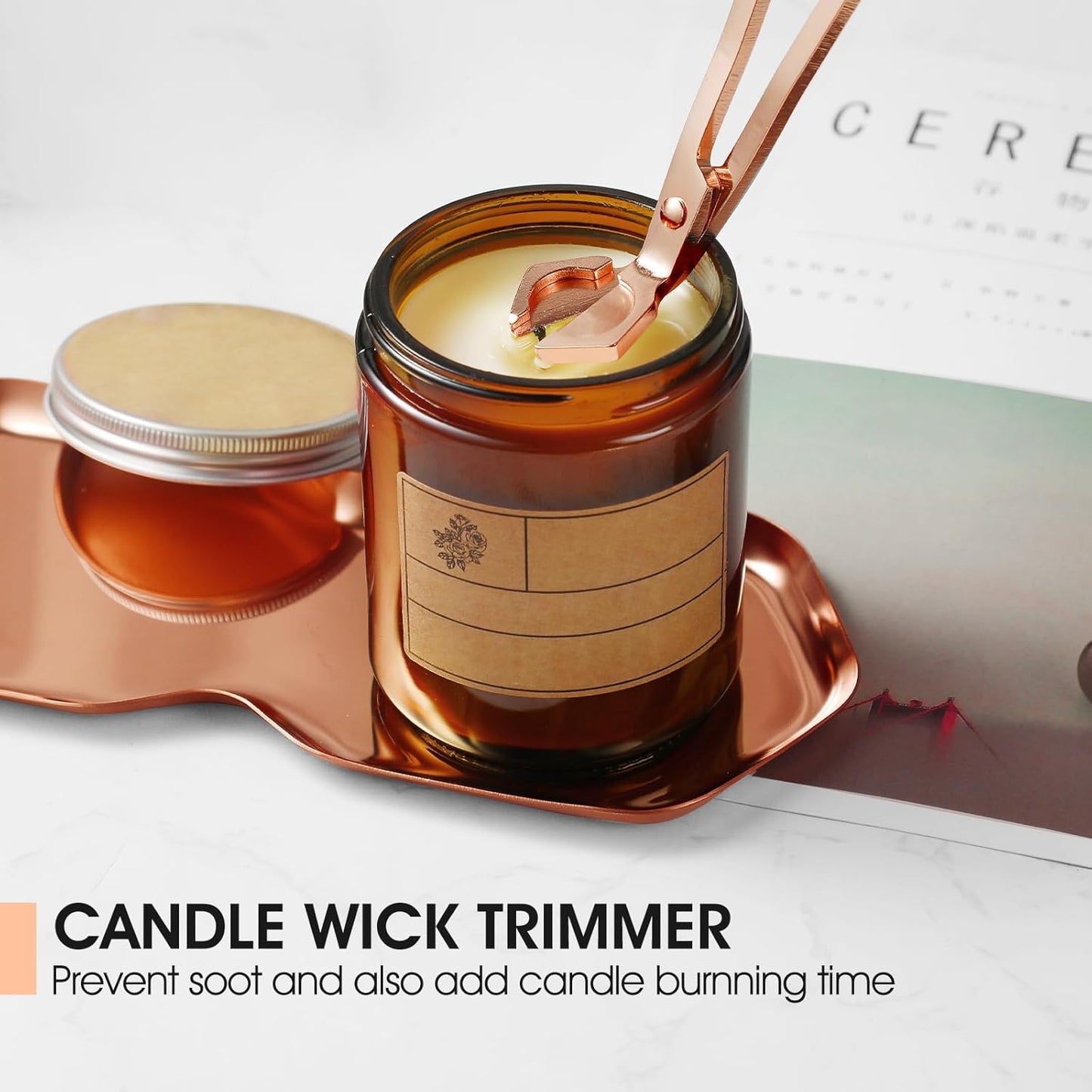 PATOISE 4 in 1 Candle Accessory Set, Wick Trimmer, Candle Snuffer, Wick Scoop,Storage Tray,Perfect for Candle Lovers (Rose Gold)