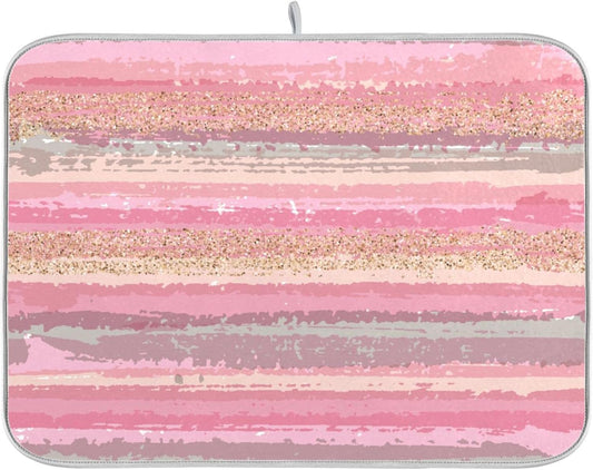 Pink Gold Stripe Dish Drying Mat for Kitchen Countertop 16x18 Rectangle Small Drying Mat Reusable Quick Dry Dish Sink Absorbent Mats Dishwasher Easy Clean Decorative Home Decor Essentials