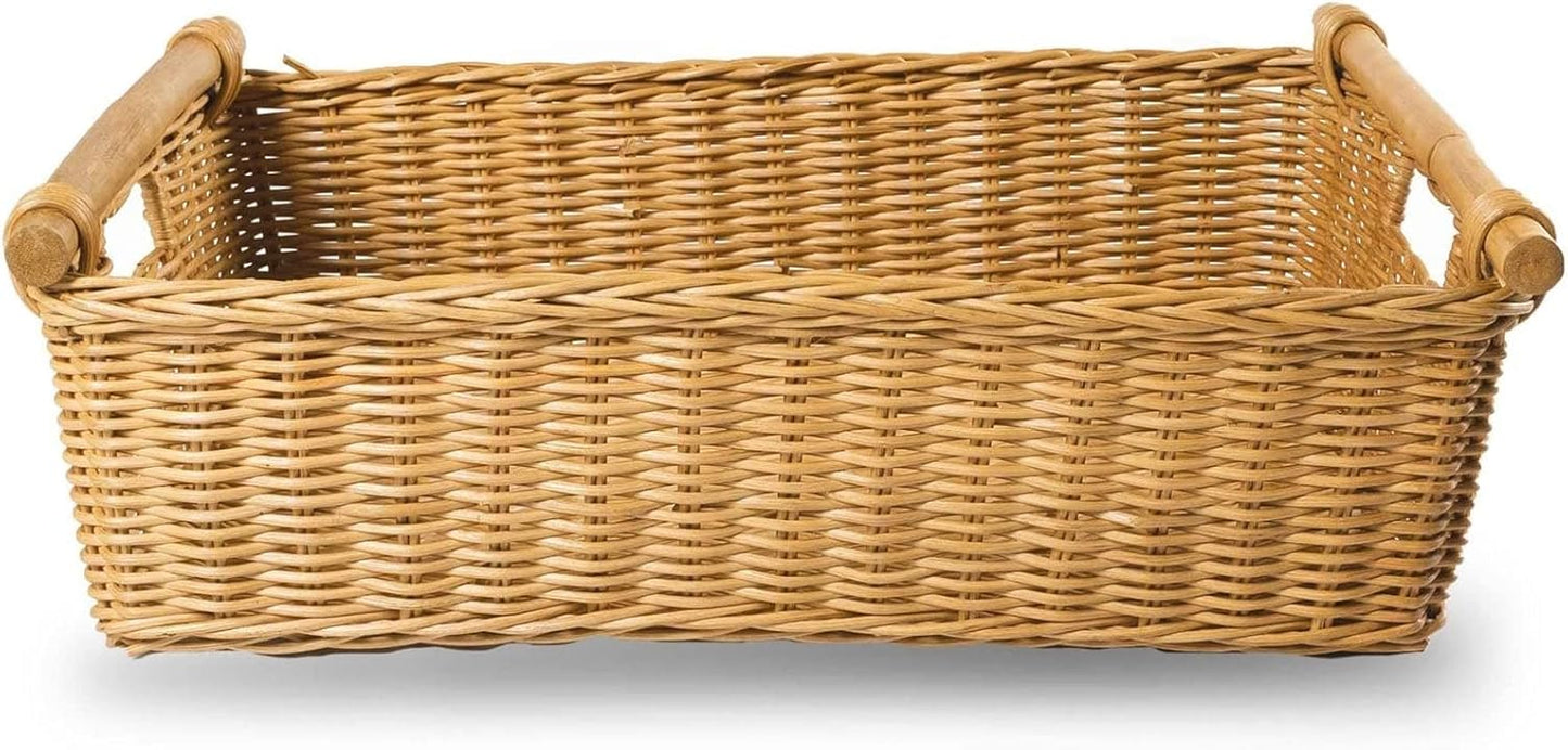 The Basket Lady Low Pole Handle Wicker Storage Basket, Extra Large, 21.5 in L x 14.5 in W x 6.5 in H, Sandstone