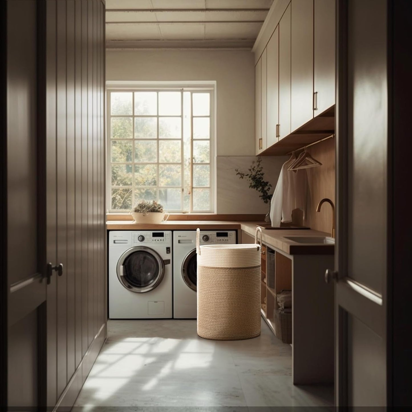 LA JOLIE MUSE Woven Basket Rope Storage Baskets - Tall Cotton Basket, Laundry Basket for Blanket, Kids Toy, Nursery Clothes Hamper Basket-L