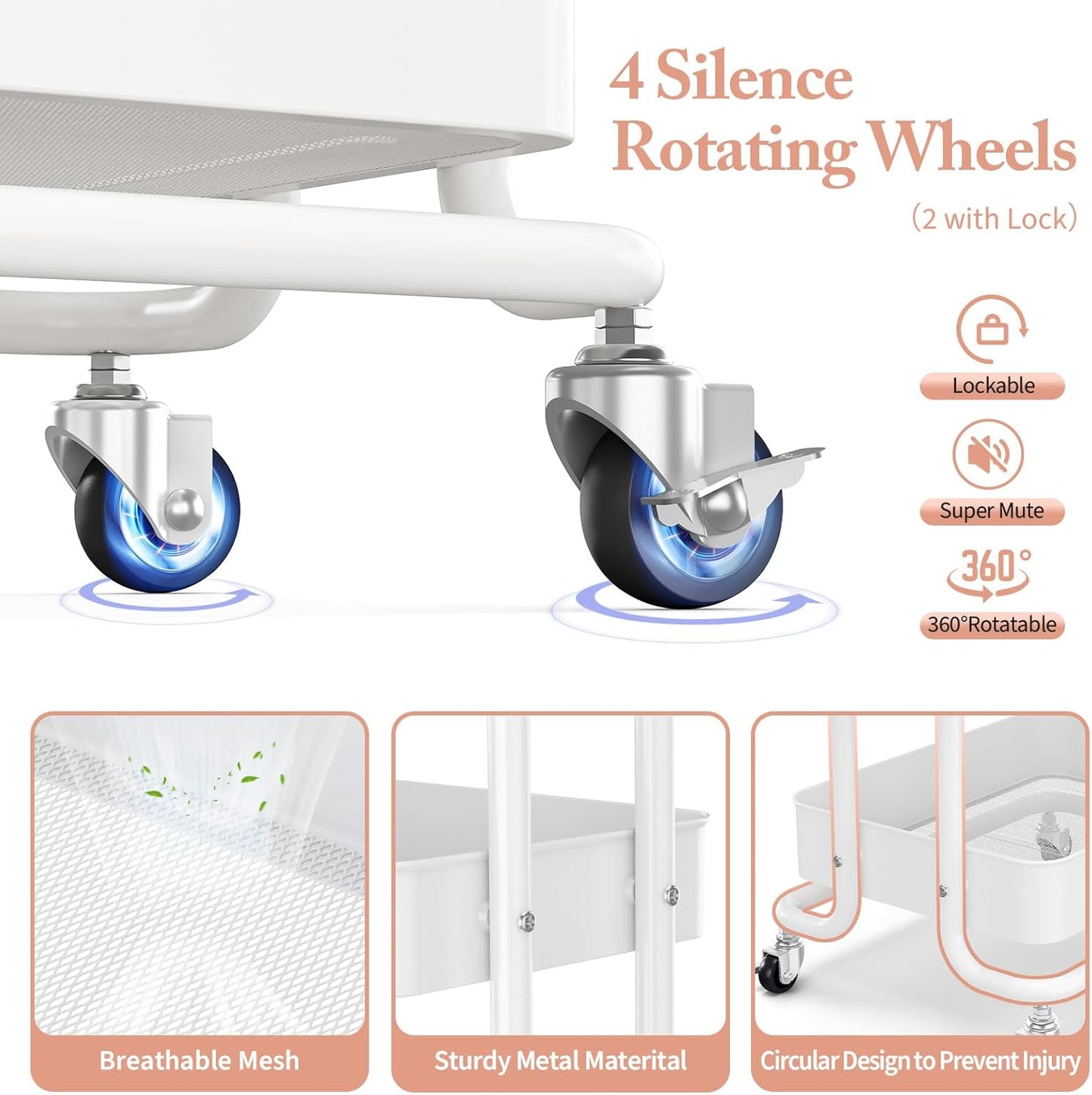 KINGRACK 3 Tier Rolling Cart, Metal Mobile Storage Shelf with Lockable Wheels, Prevent Falling Utility Trolley Cart, Storage Organizer for Kitchen, Office, Bathroom, Dorm, White