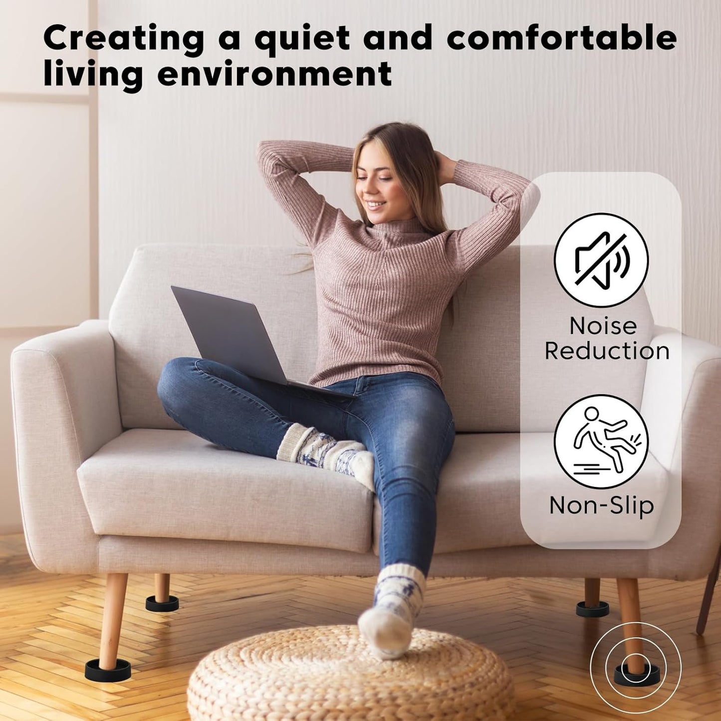 Rubber Non-Slip Furniture Pads Furniture Casters Cup Floor Protector for Bed Sofa Table and Chair Stopper (Pack of 8,Black 2" x 2" Round)