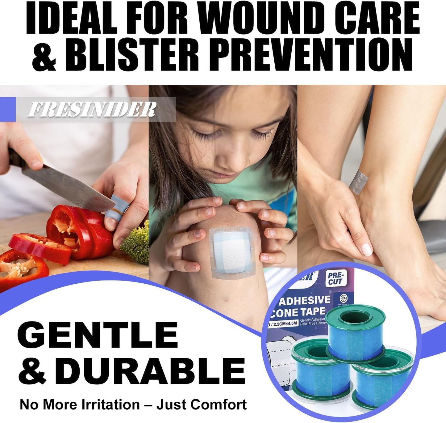 FRESINIDER Silicone Medical Tape – 1" x 1.5 Yard Blue 2 Rolls, Pre-Cut, Waterproof & Repositionable, Pain-Free Removal, Hypoallergenic Adhesive for Sensitive Skin, Wound Care & First Aid Use