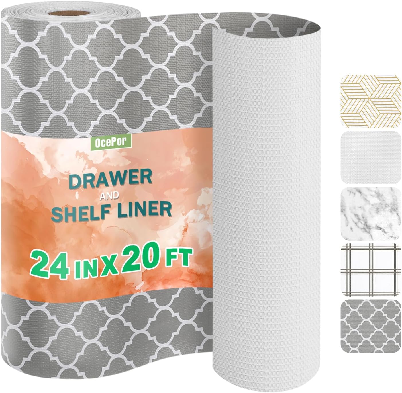 OcePor Non-Adhesive Drawer and Shelf Liner 24IN x 20FT，Non Slip Cabinet and Cupboard Liner, Kitchen Cabinet Liners for Shelves, Waterproof Drawer Shelf Liners for Cabinets/Bathroom Cupboard