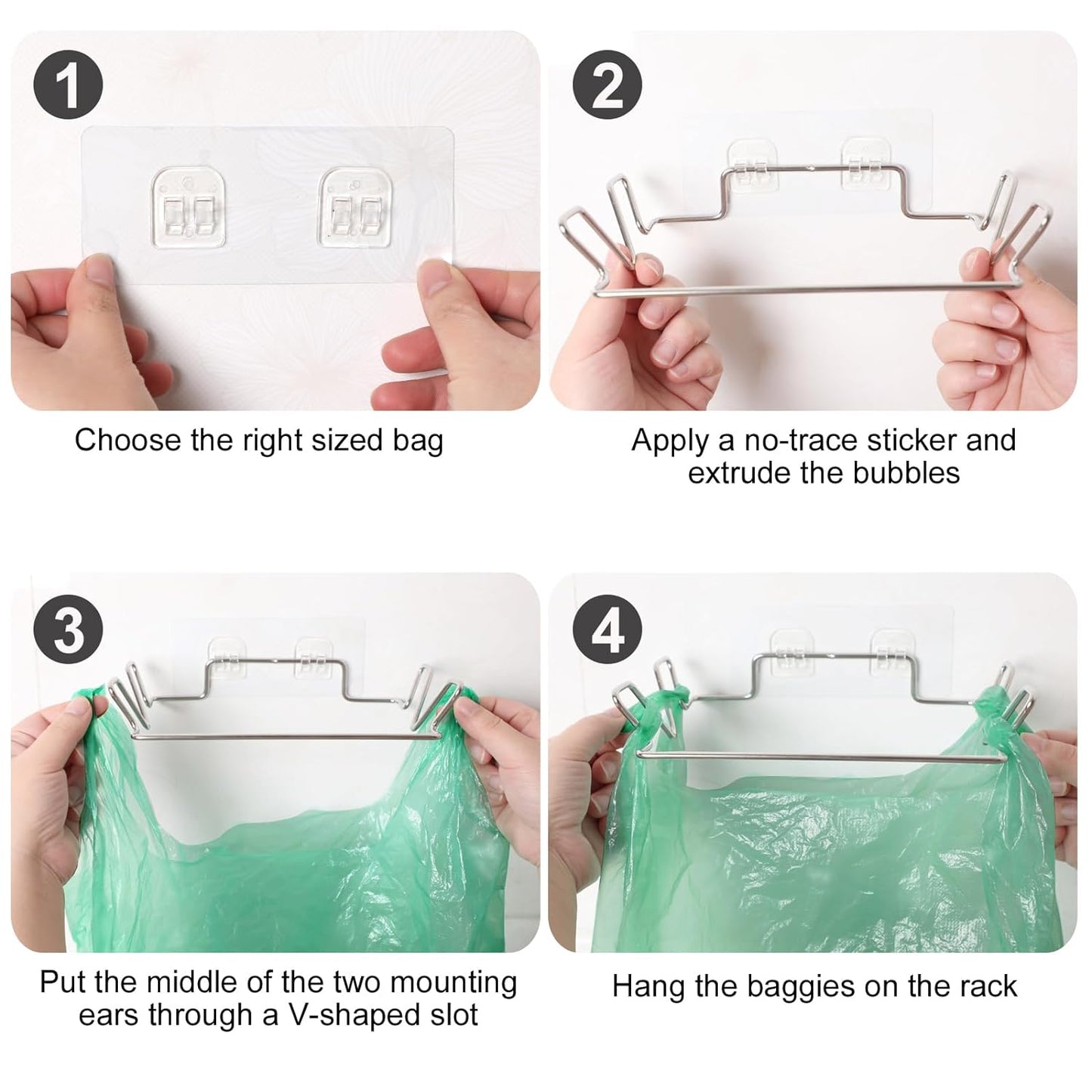 Stainless Steel Trash Bag Holder for Kitchen Cabinets Doors and Cupboards, Under Sink Bag Hanger, Portable Trash can, Waste Bins, Wall Adhesive Hanging Garbage Bins, with Wall Sticker Base