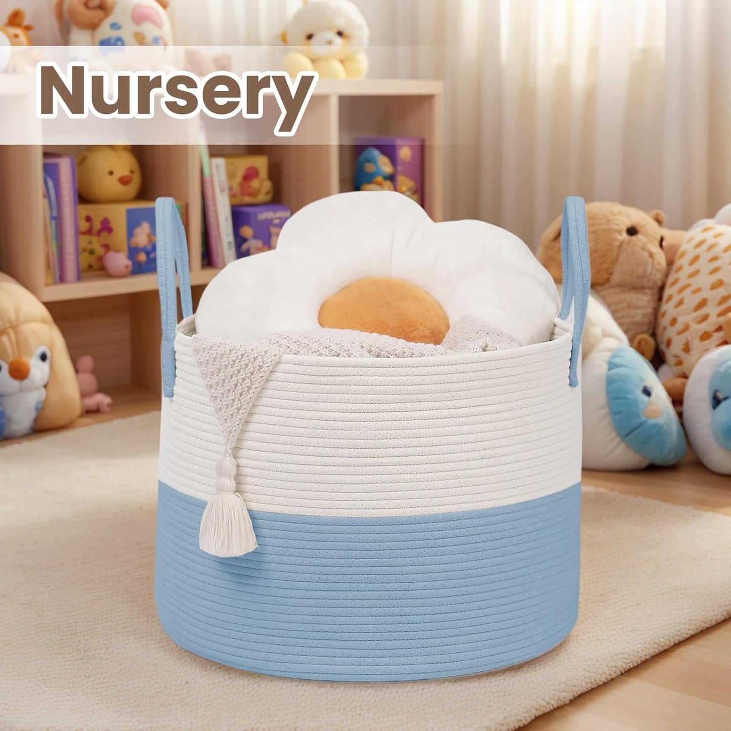 Woven Blanket Basket,115L Large Rope Storage Bin with Handles, Organizer for Blankets Toys Book and Clothes, Laundry Basket for Living Room Bedroom Nursery,White&Blue