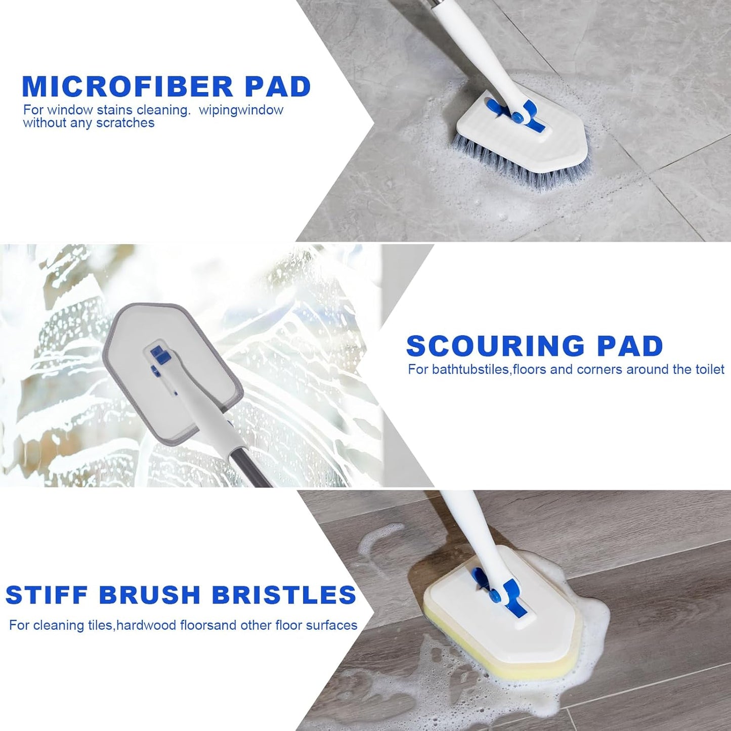 Tile Tub Scrubber Brush with 52-inch Adjustable Long Handle 3-in-1 Rotatable Shower Brush for Cleaning，3 Different Replacement Brush Heads for Cleaning Tub Tile Bathroom Kitchen Walls ，Blue