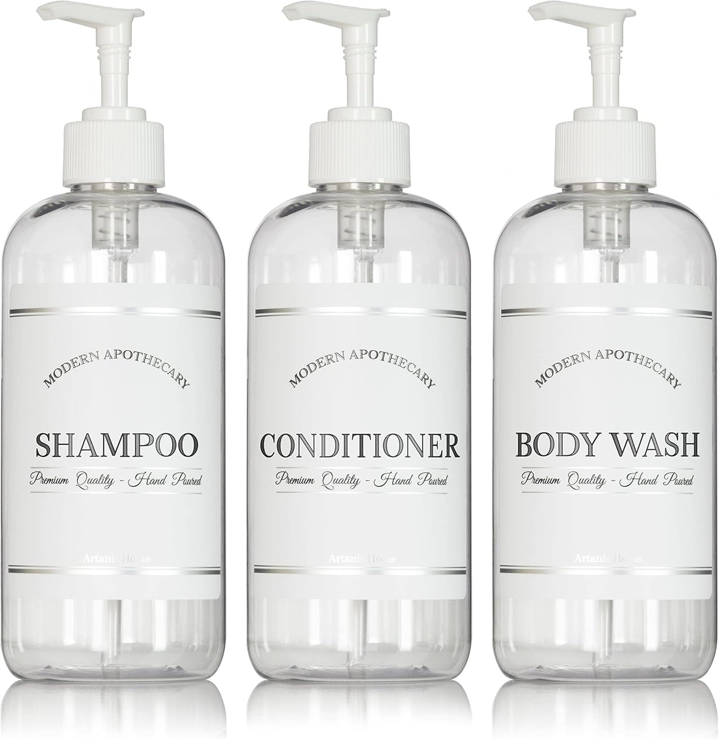 Clear Refillable Shampoo and Conditioner Bottles - Body Wash, Shampoo and Conditioner Dispenser - PET Plastic Shampoo Bottles Refillable with Pump - Waterproof Labels - 16 oz, 3 Pack (White Plastic)