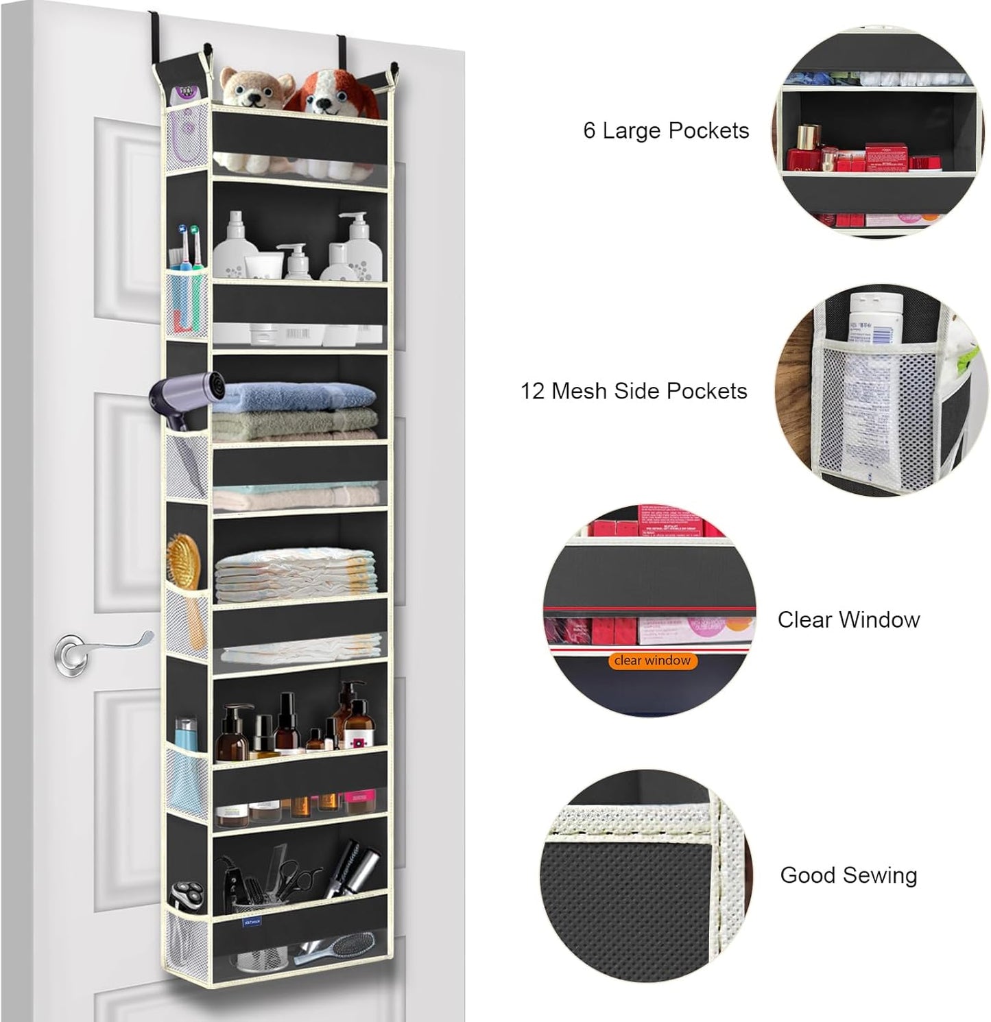 2 Pack Over The Door Hanging Organizer - 6 Shelves & 12 Side Pockets, Over The Door Storage for Baby Accessories & Children's Toys (13"x5"x54", Black)