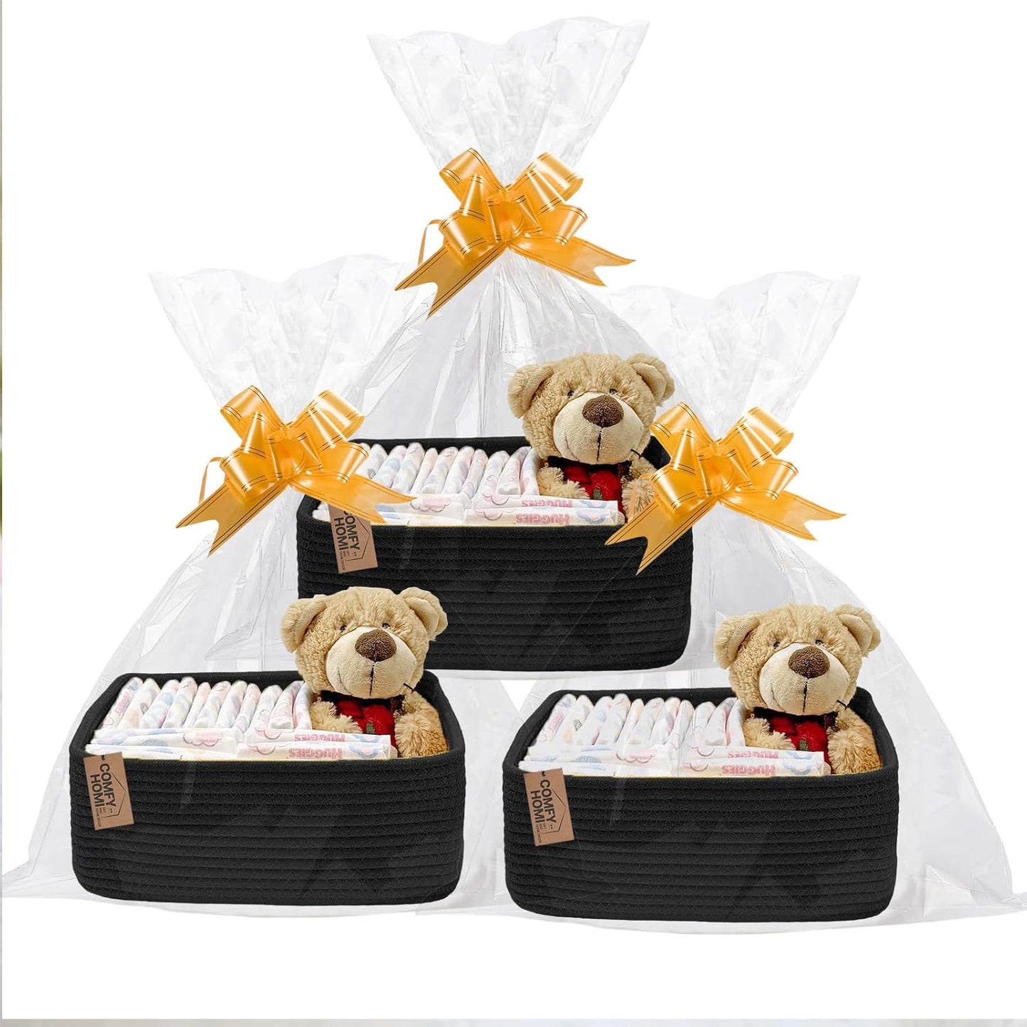 COMFY-HOMI 13" x 8.5" x 5.1" Storage Baskets for Organizing | Cotton Rope Woven Basket | Toy Storage Bin Box | Basket for Shelves, Closet Organizer Bin, Decorative Closet Shelf, 3 Pack, All Black