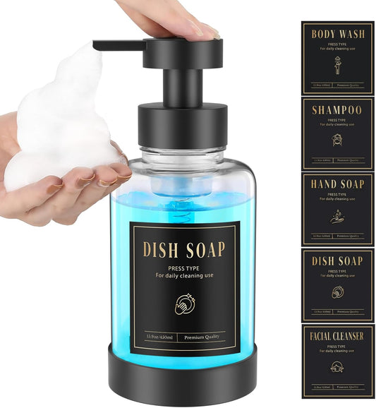 Luxspire Foaming Soap Dispenser, Glass Foam Pump Soap Dispenser, Non-Slip Hand Soap Dispenser with 5 Waterproof Labels, 15 Oz Refillable Liquid Soap Dispenser for Bathroom & Kitchen, Clear, 1 Pack