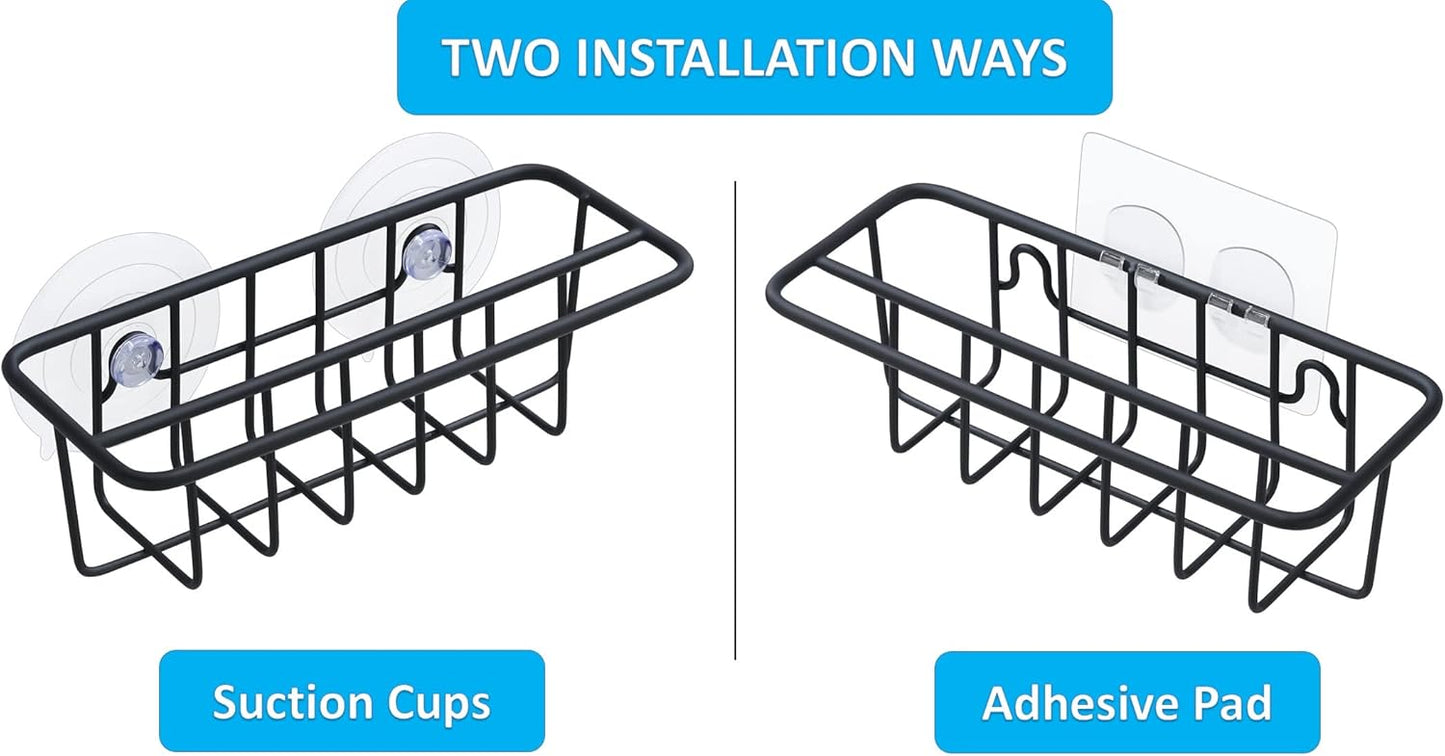 Sink Caddy Sponge Holder for Kitchen Sink Dish Cloth Hanger 2 Suspension Options(Suction Cups and Adhesive Hook), SUS304 Stainless Steel, Black