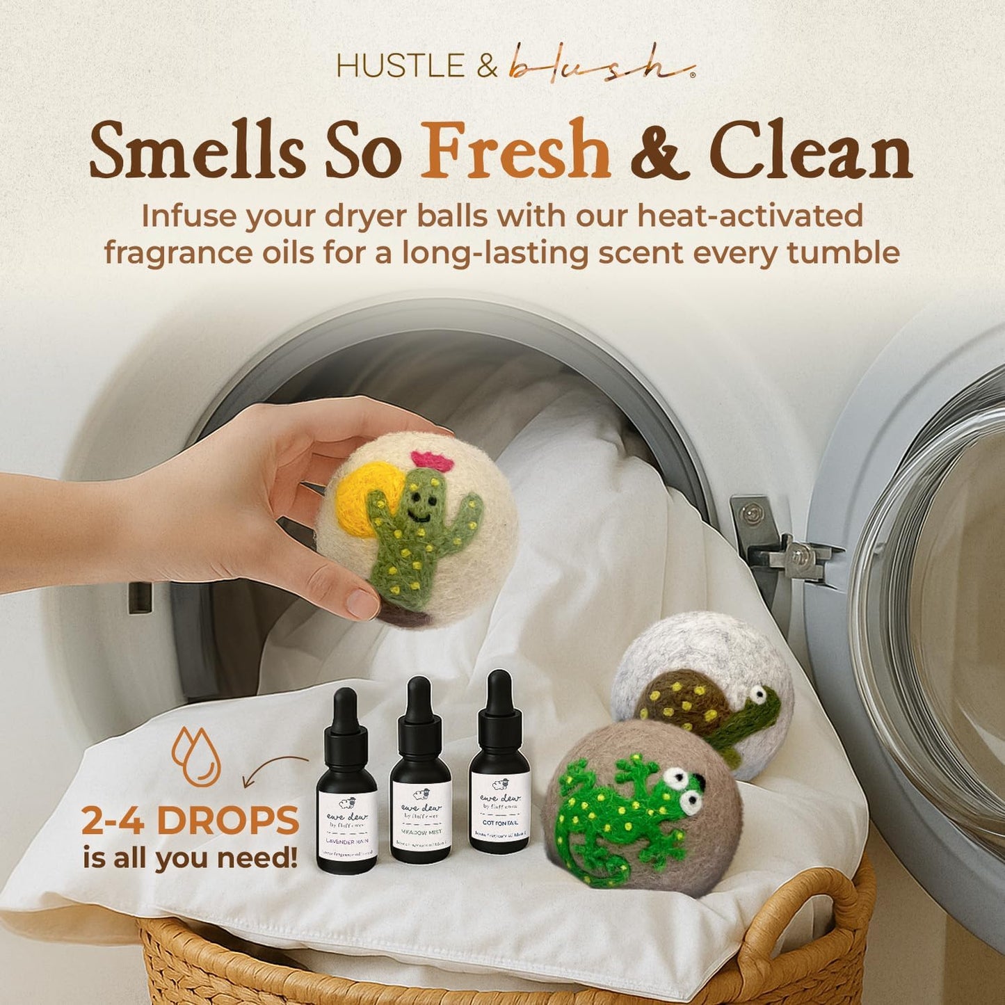 Fluff Ewes Wool Dryer Balls 6 Pack Premium New Zealand Wool Laundry Balls for Dryer, No Static Dryer Balls Laundry Reusable, XL Wool Dryer Balls Cute, Baby Dryer Balls for Dryers - Kiss My Cactus